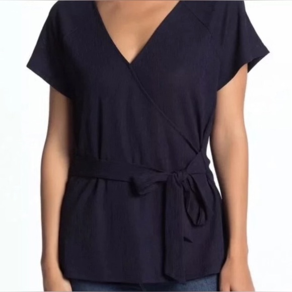14th & Union Tops - 14th & Union Womens Blouse Navy Blue V Neck Waist Tie Short Sleeve Size S